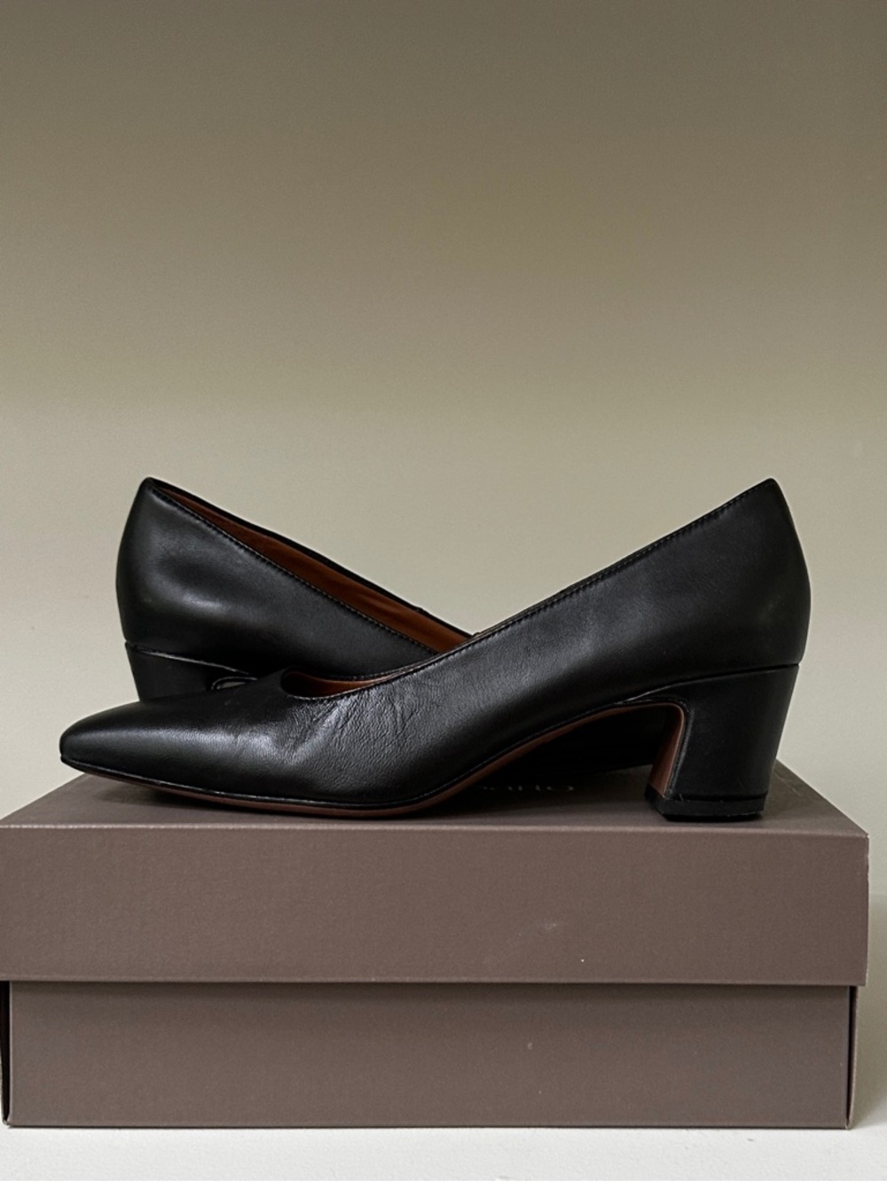 Franco Sarto Black Leather Mid Heel Pumps